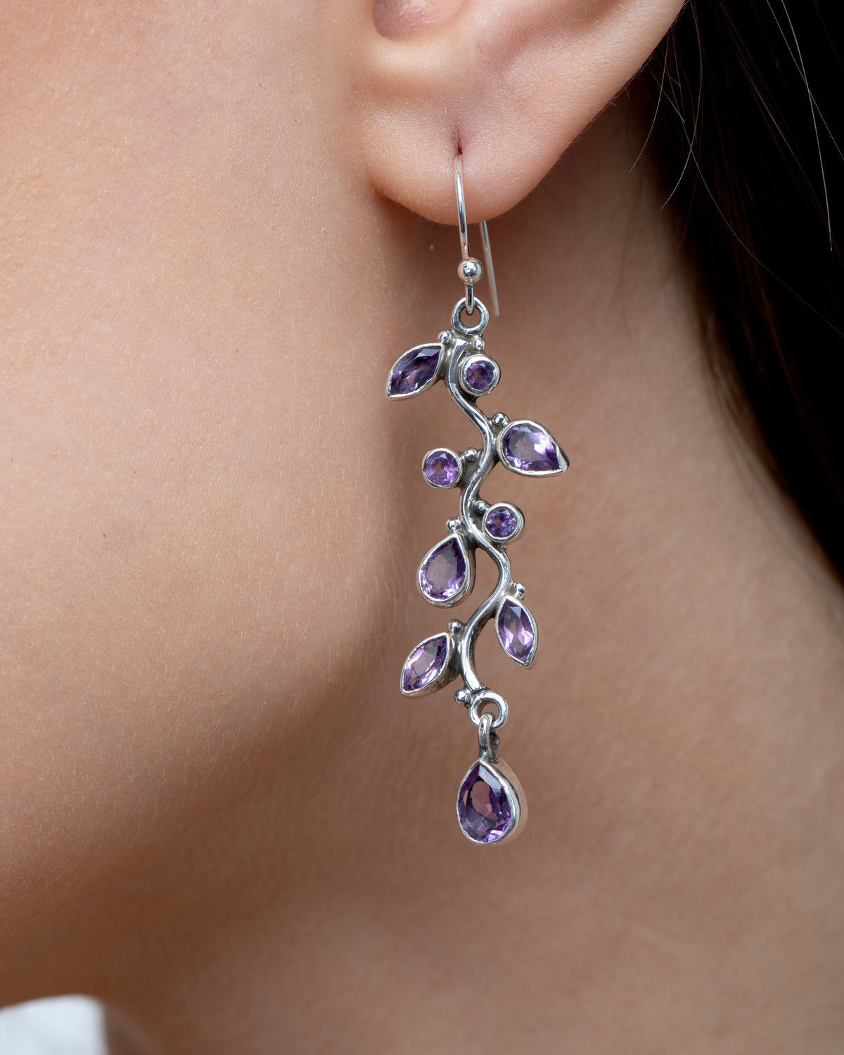 Violet Triple-Drop Earrings by CERENA Paris — side view
