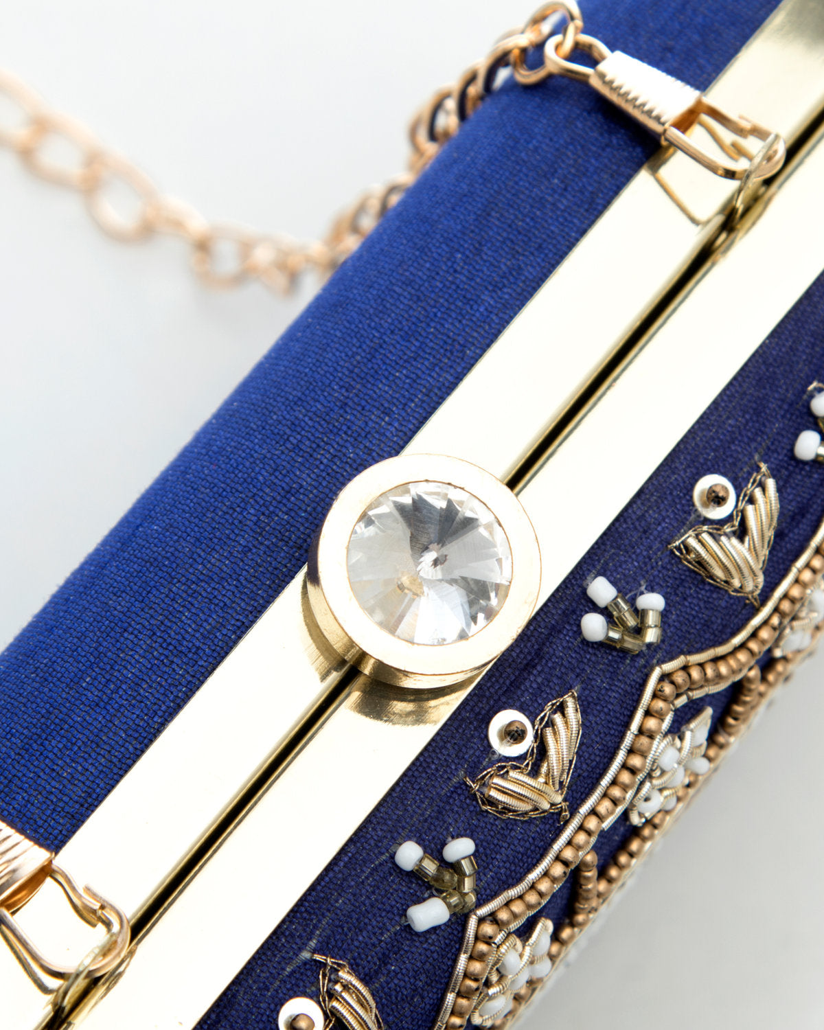 Navy Blue Blue Embroidered Evening Clutch by CERENA Paris — back view