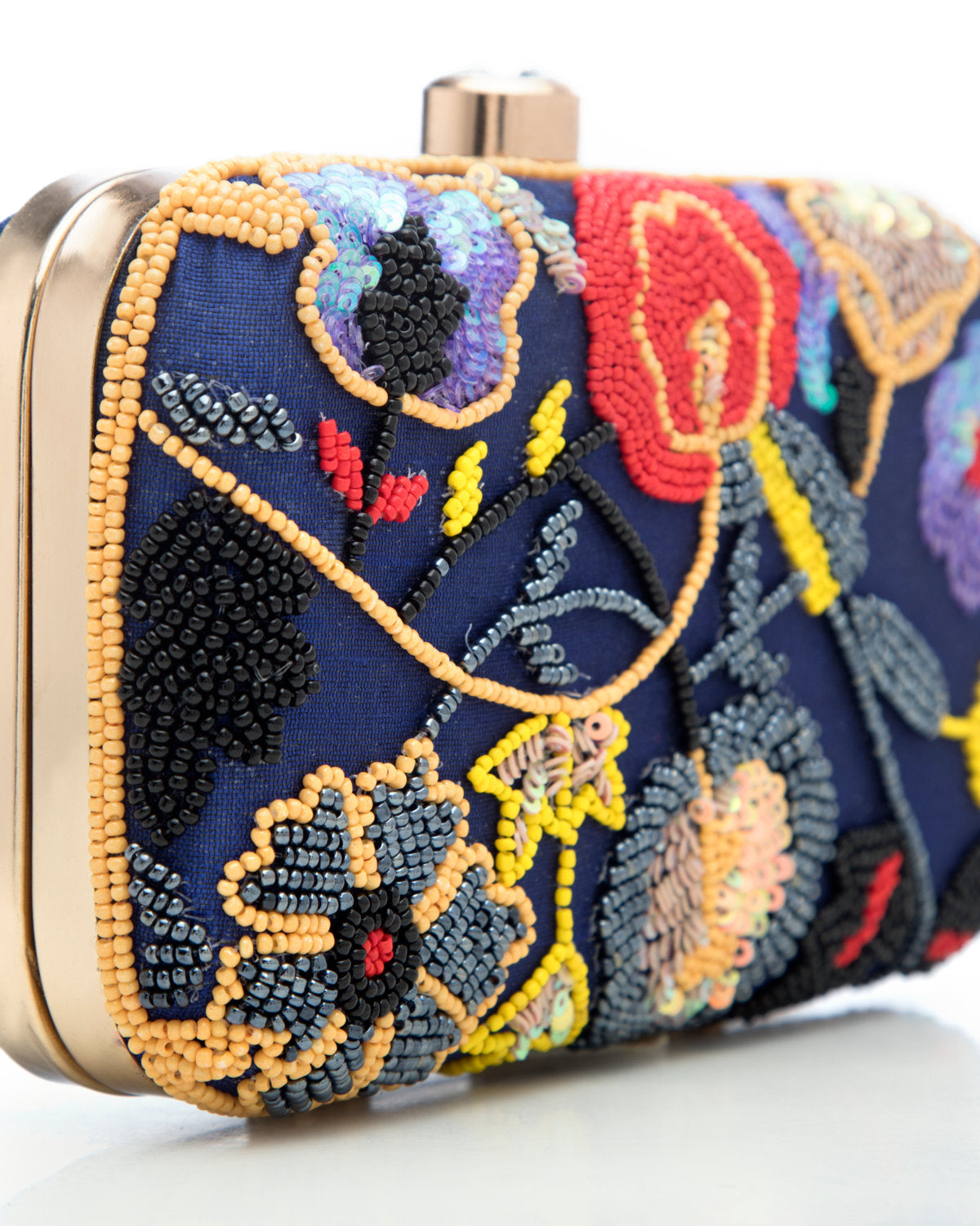 Navy Blue Blue Embroidered Evening Clutch by CERENA Paris — side view