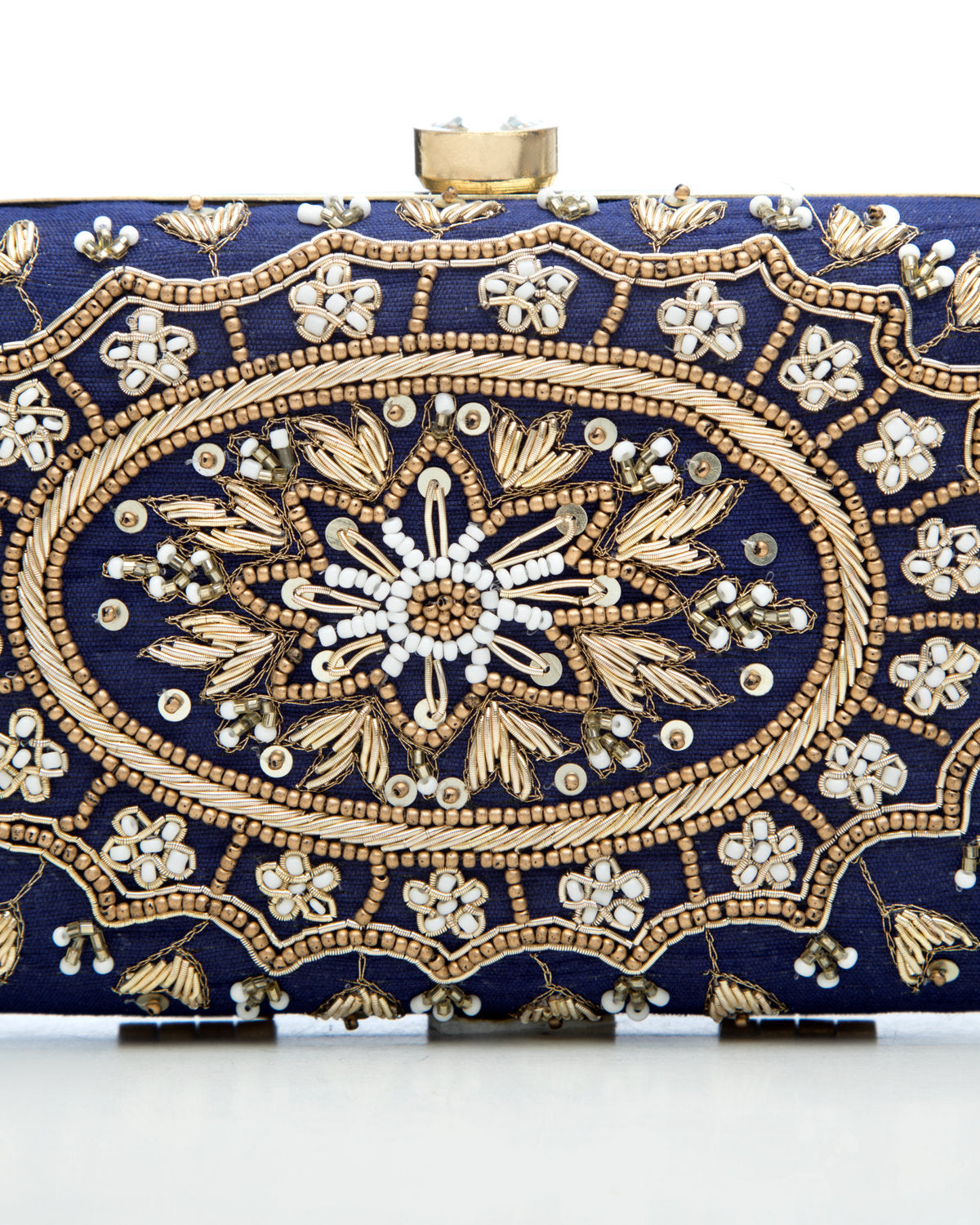 Navy Blue Blue Embroidered Evening Clutch by CERENA Paris — front view