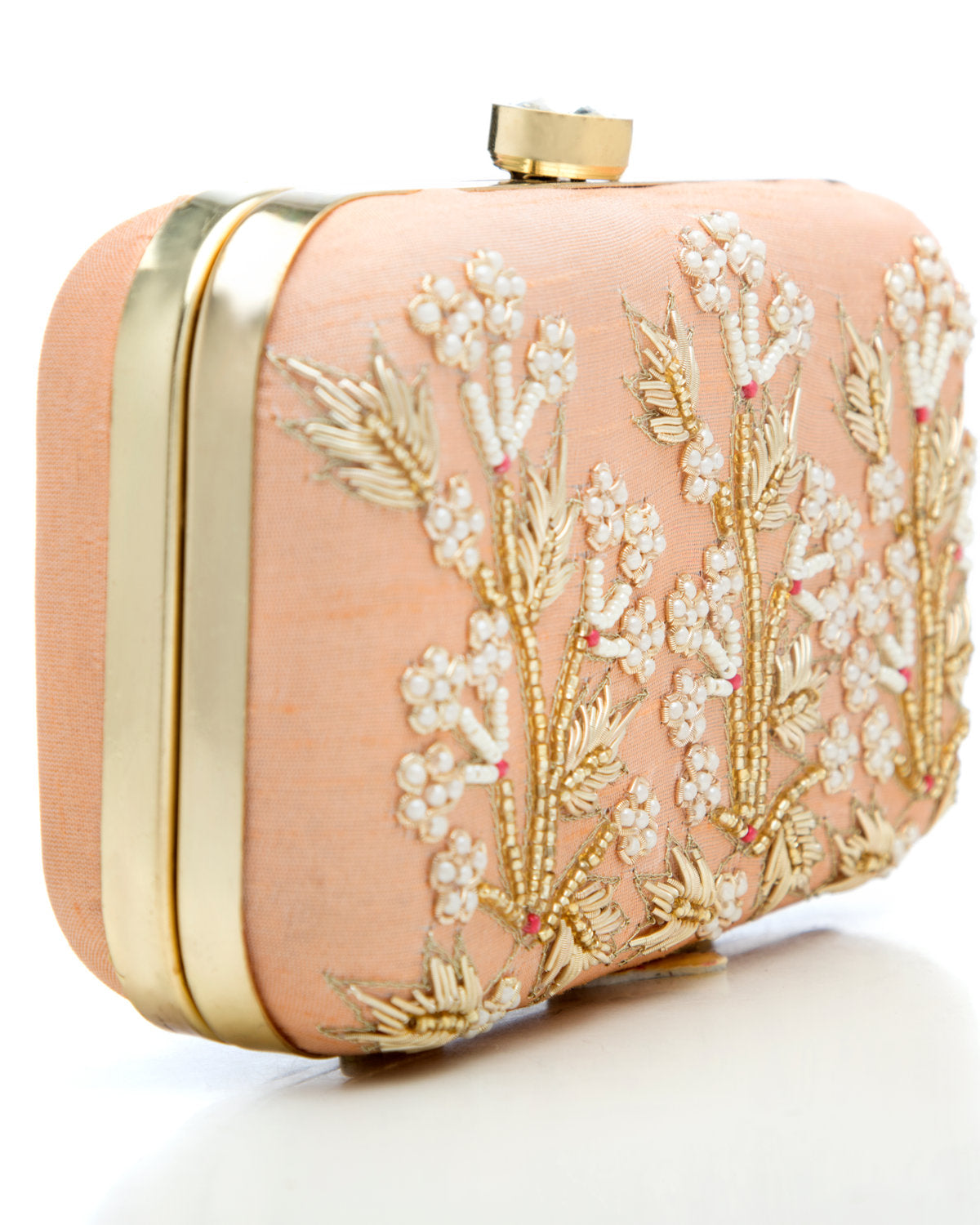 Peach Embroidered Evening Clutch by CERENA Paris — side view