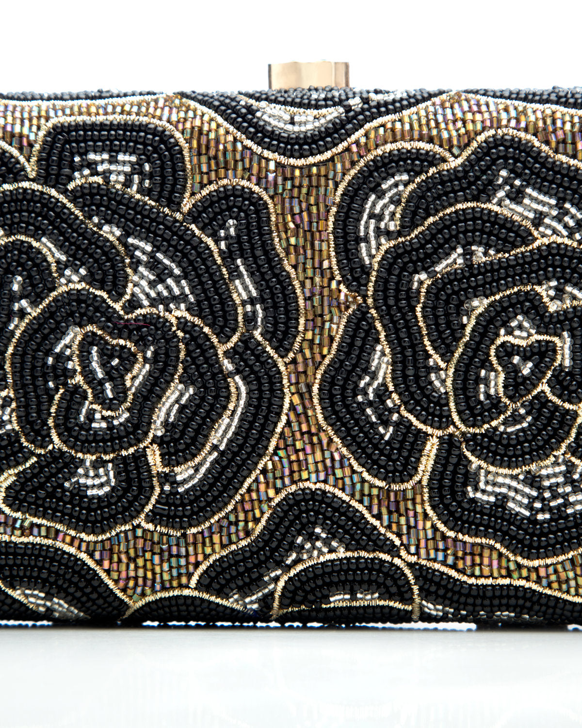 Black Gold Embroidered Evening Clutch by CERENA Paris — front view