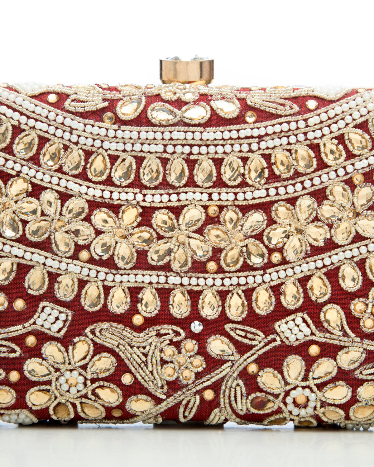 Maroon Embroidered Evening Clutch by CERENA Paris — front view