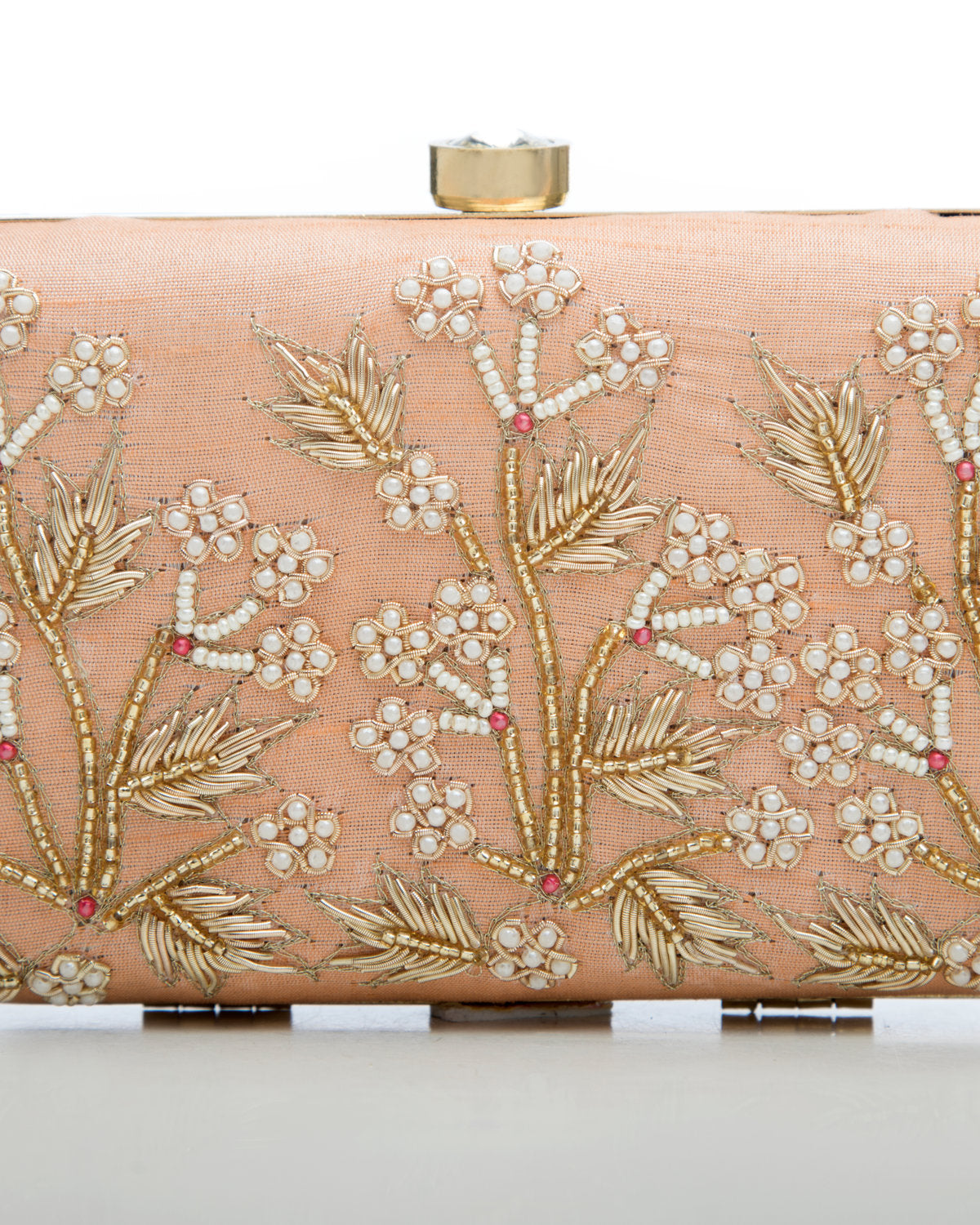 Peach Embroidered Evening Clutch by CERENA Paris — front view