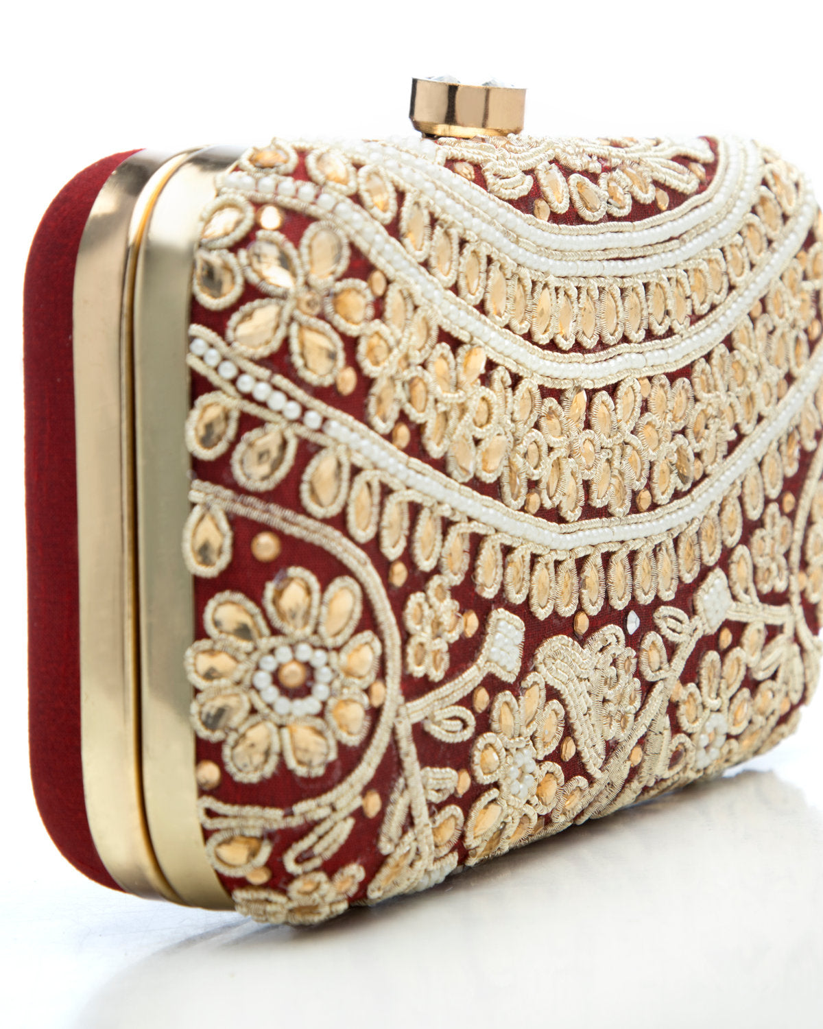 Maroon Embroidered Evening Clutch by CERENA Paris — side view