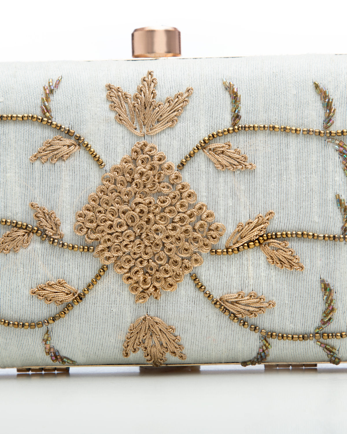 White Embroidered Evening Clutch by CERENA Paris — front view
