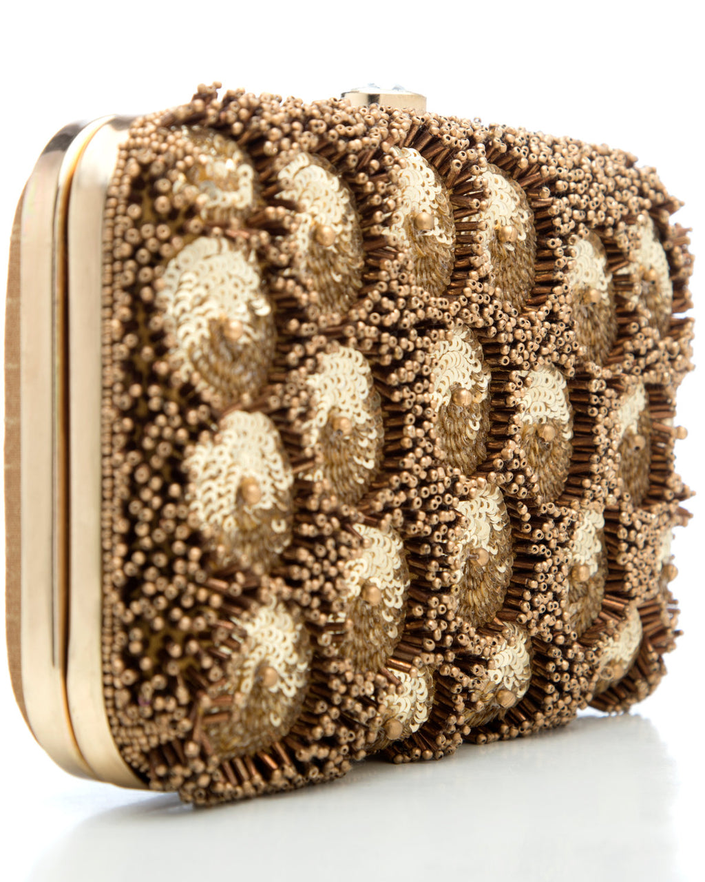 Gold Brown Embroidered Evening Clutch by CERENA Paris — side view