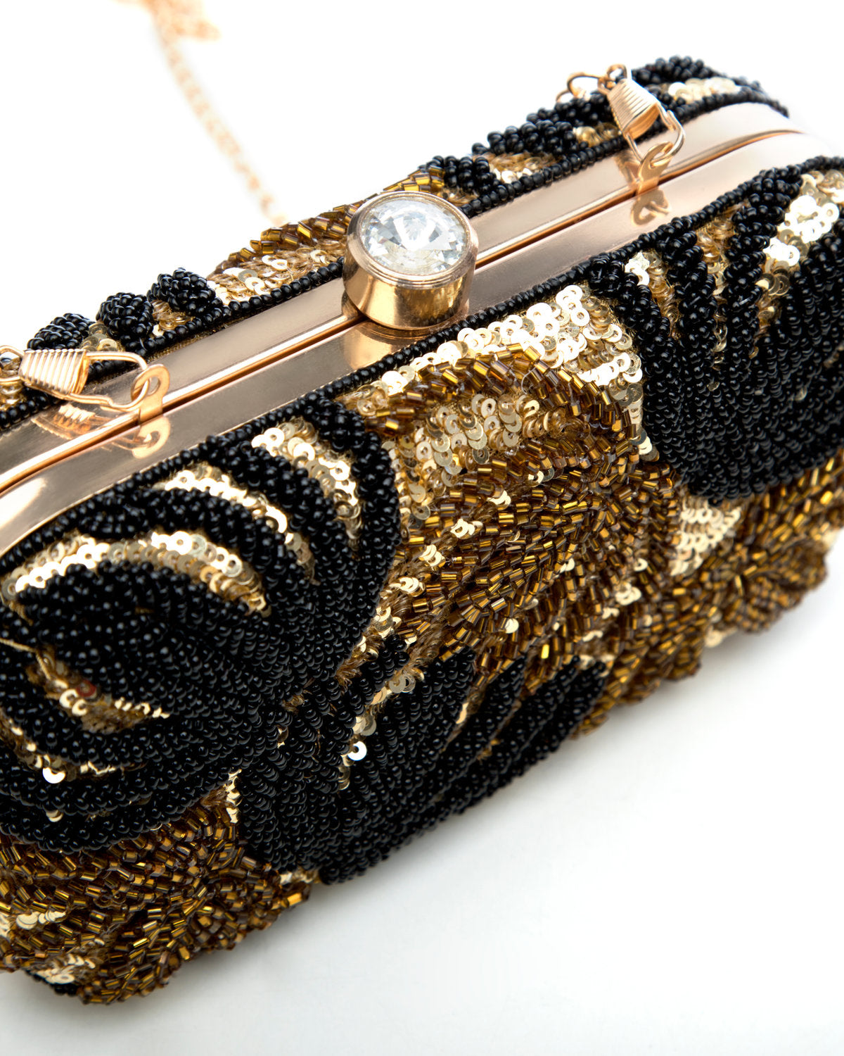 Black Gold Brown Embroidered Evening Clutch by CERENA Paris — styled