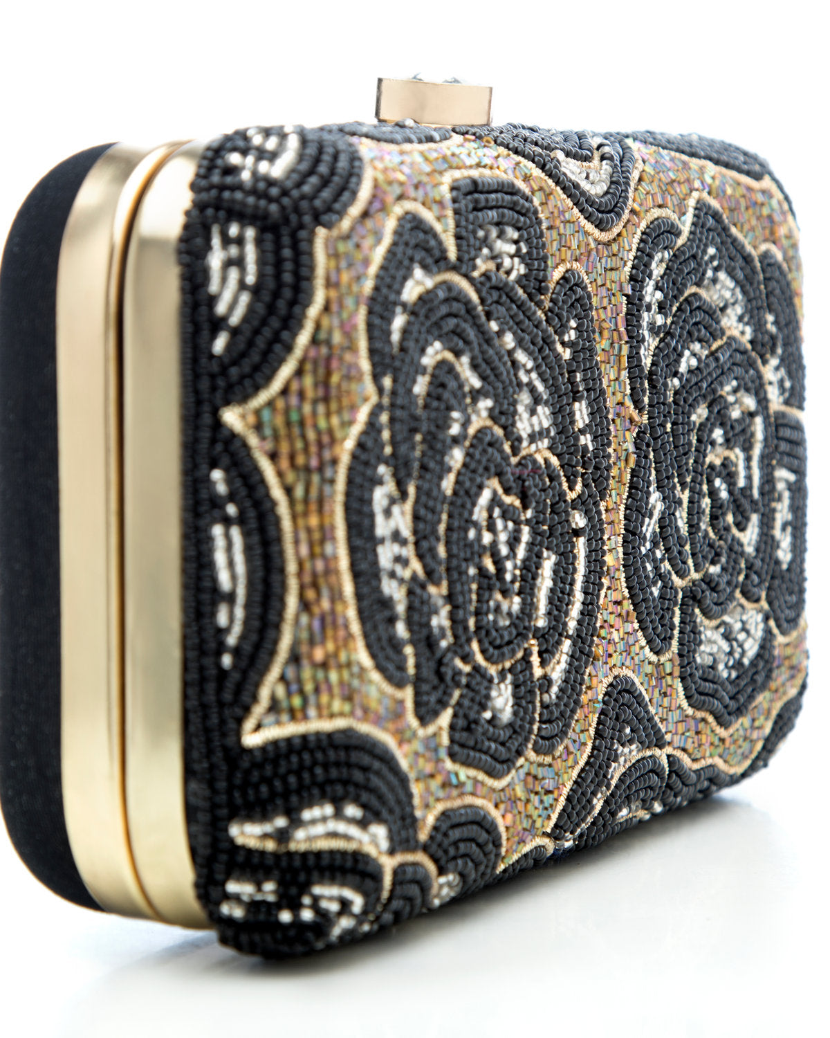 Black Gold Embroidered Evening Clutch by CERENA Paris — side view