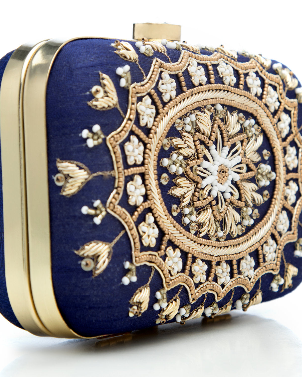 Navy Blue Blue Embroidered Evening Clutch by CERENA Paris — side view